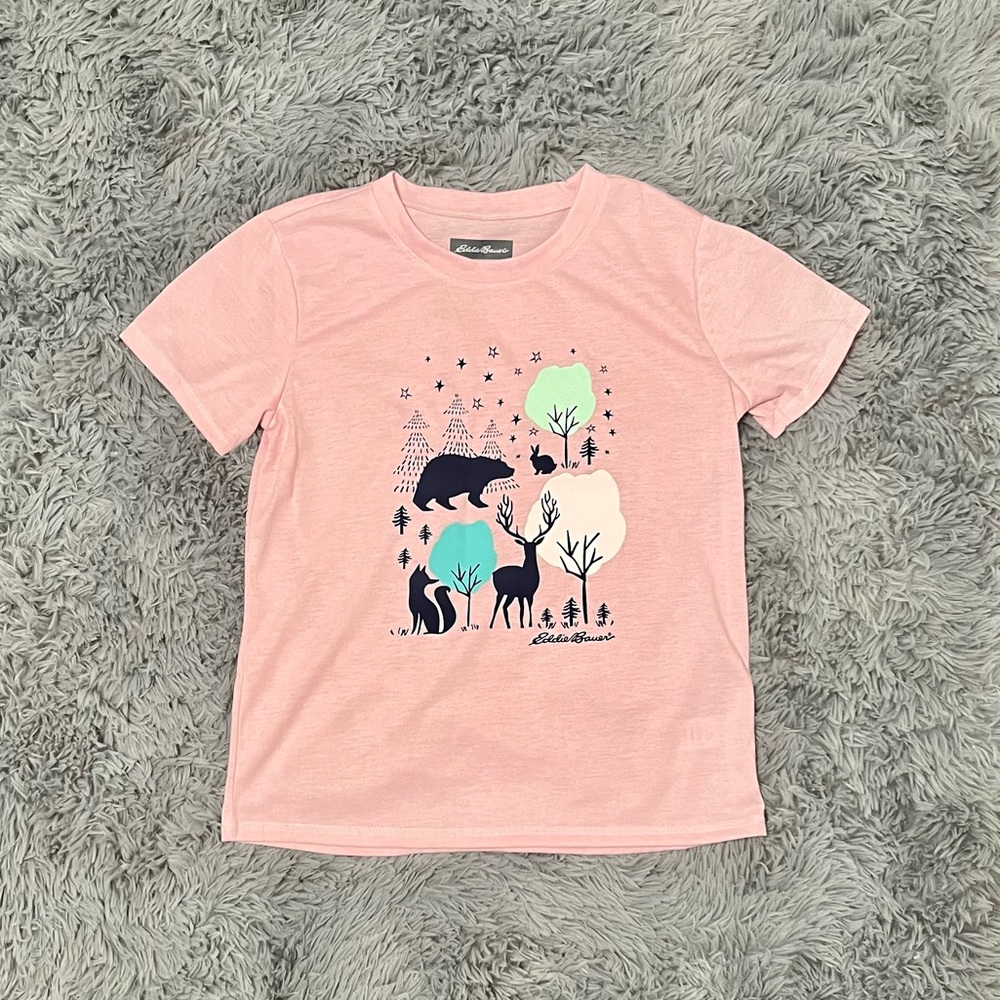 Eddie Bauer Girls pink graphic animal print short sleeve tee - size L (14/16)